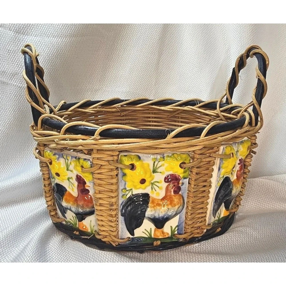 VTG Wicker Rooster Basket Sunflower Ceramic Tile Farmhouse Decor Round 10in